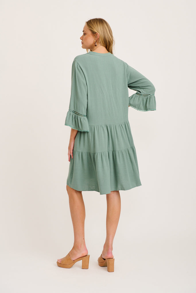 Damela Smock Dress in Sage Linen back
