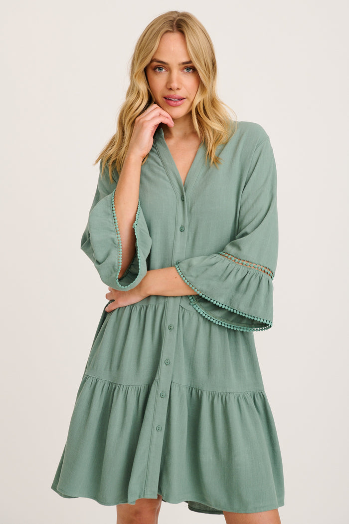 Damela Smock Dress in Sage Linen front