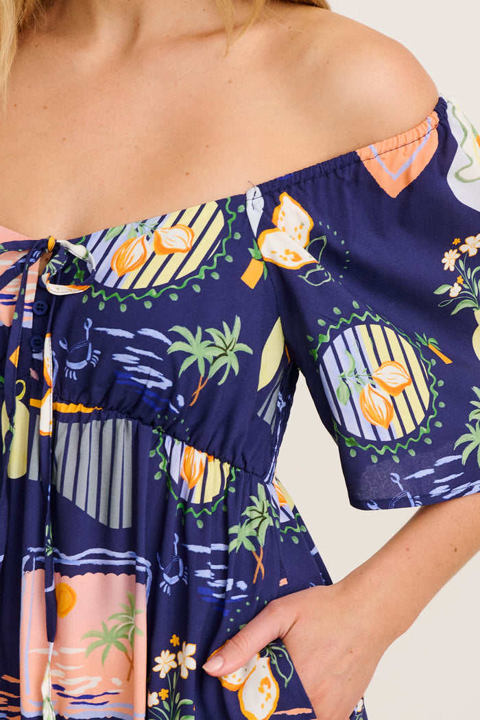 Livia Maxi Dress in Navy Multi Print detail