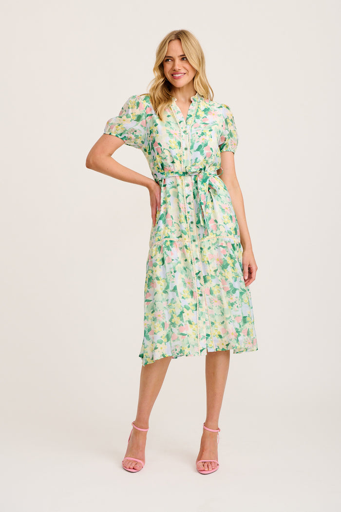 Vinca Midi Dress in Green Multi Print full length