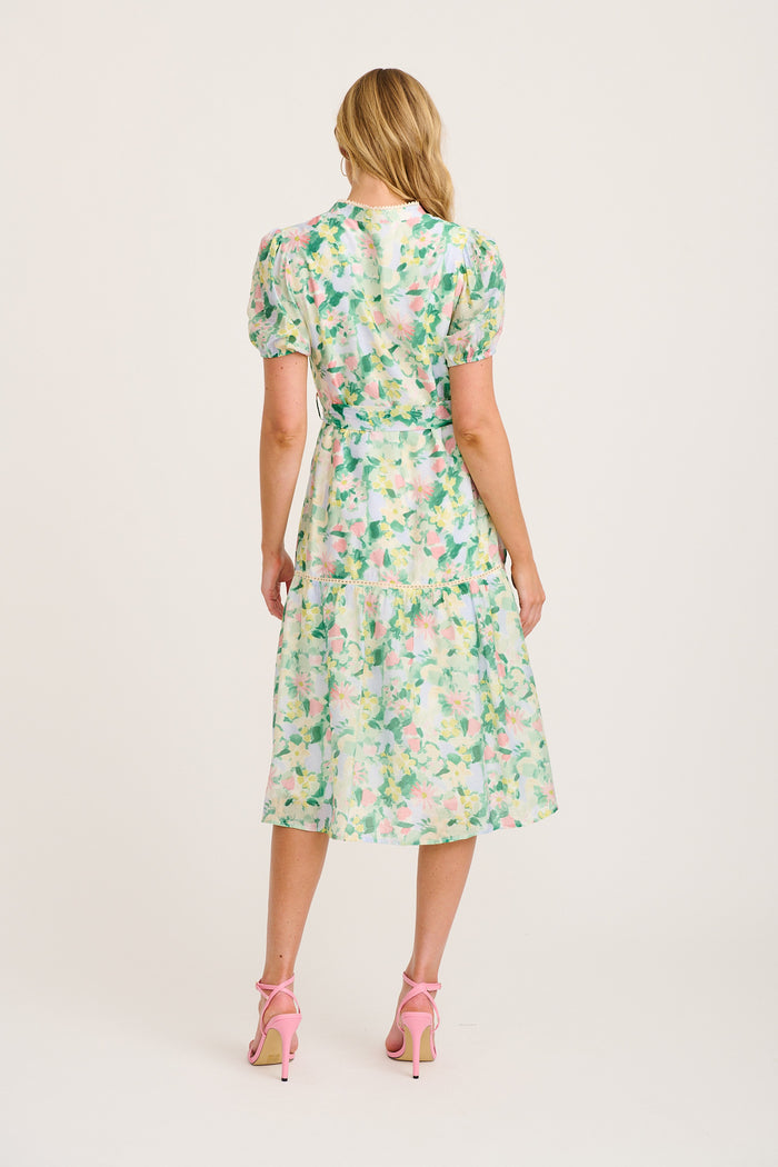 Vinca Midi Dress in Green Multi Print back