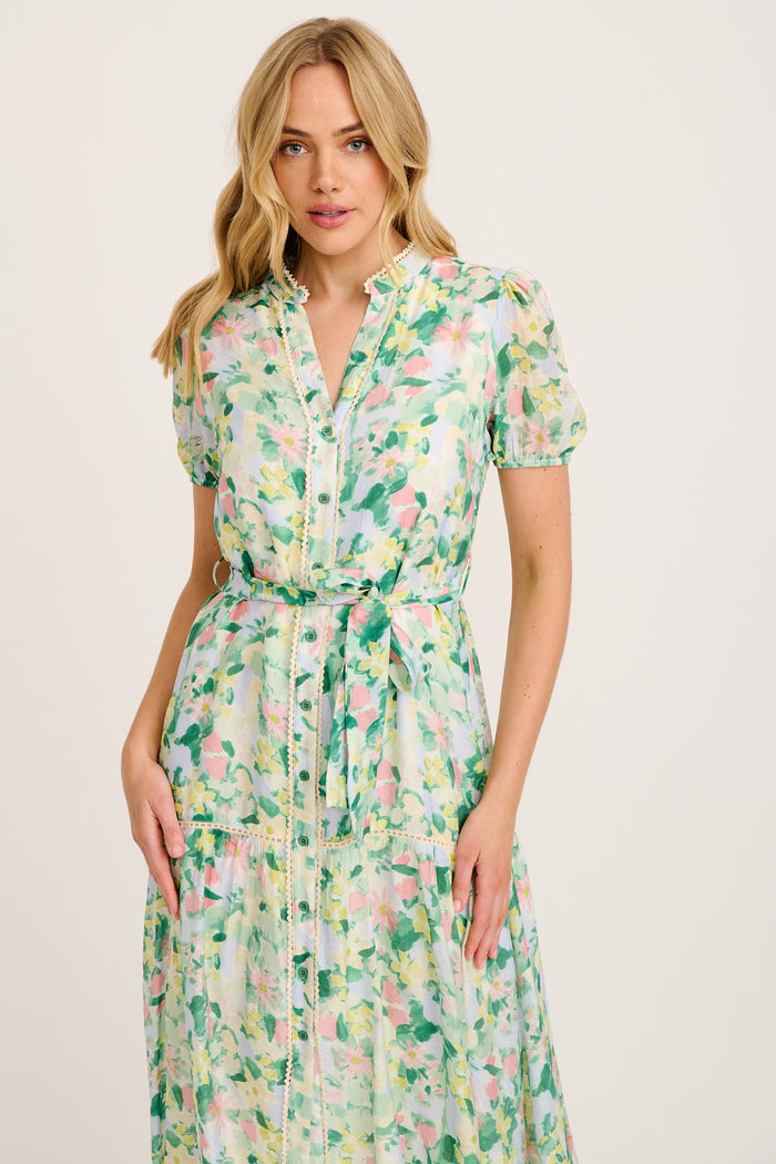 Vinca Midi Dress in Green Multi Print front