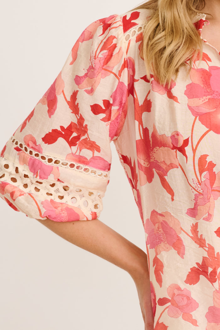 Cascades Top in Cream with Pink Floral detail