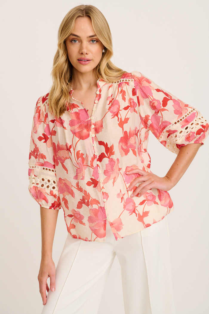 Cascades Top in Cream with Pink Floral front