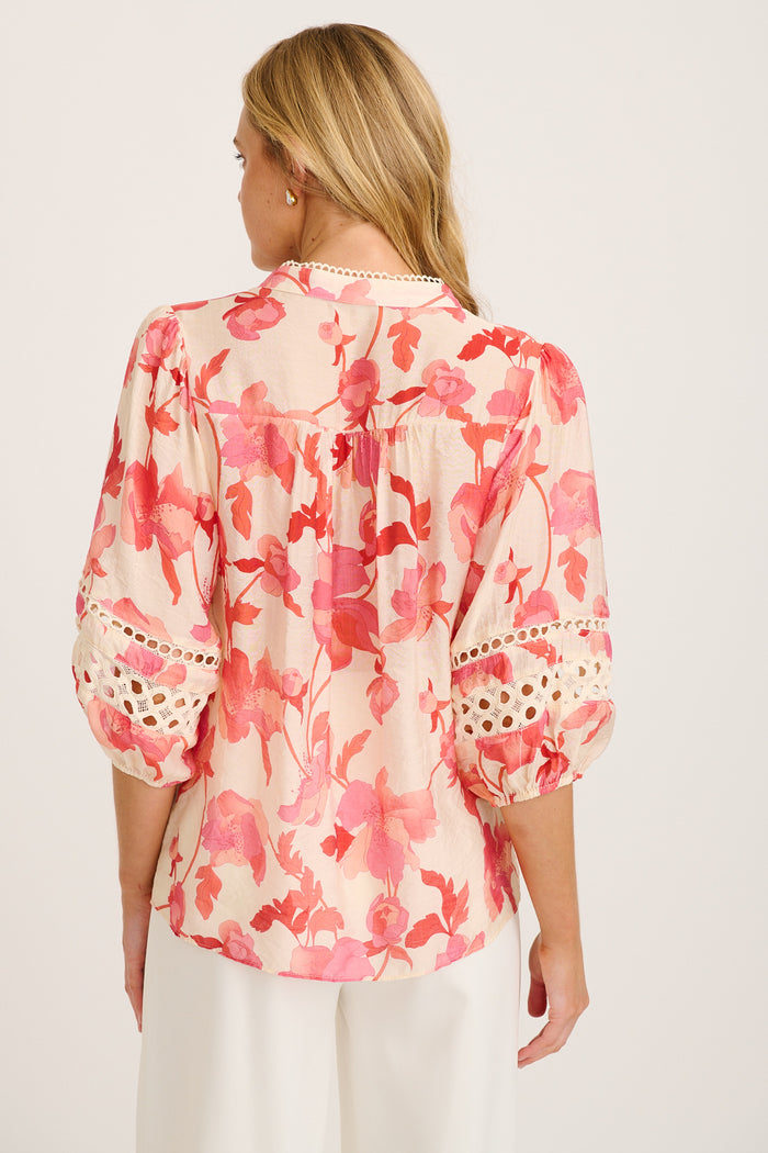 Cascades Top in Cream with Pink Floral back