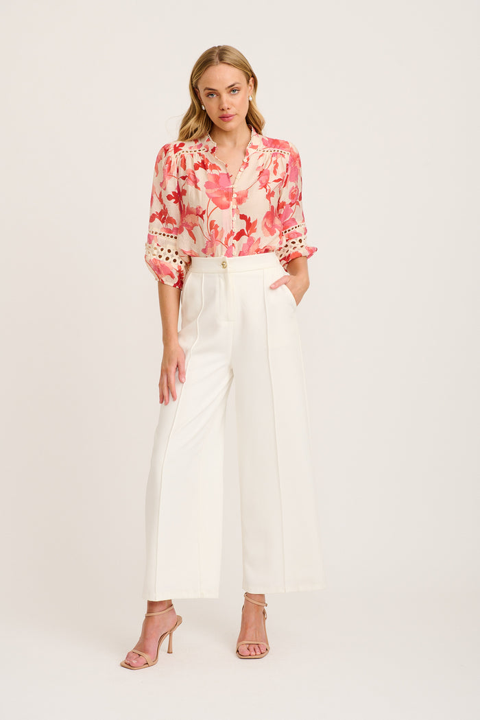 Cascades Top in Cream with Pink Floral full length