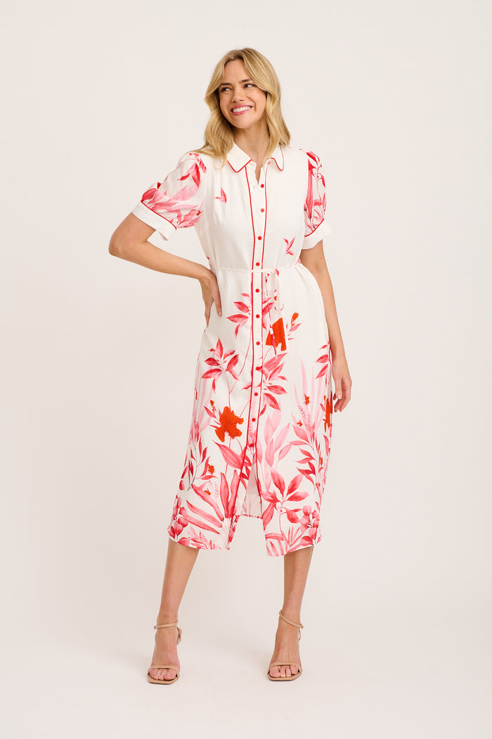 Arla Midi Shirt Dress in White with Pink and Red Leaf full length