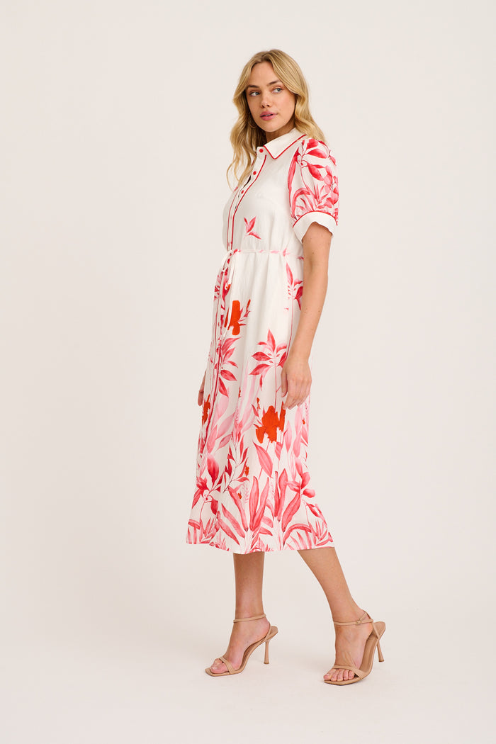Arla Midi Shirt Dress in White with Pink and Red Leaf side