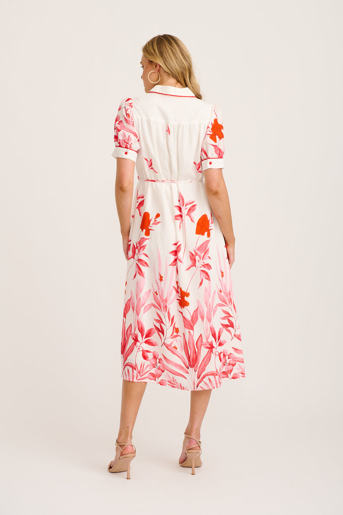 Arla Midi Shirt Dress in White with Pink and Red Leaf back