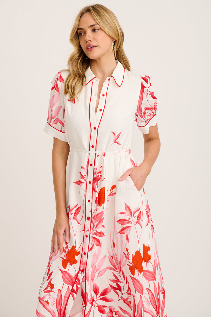 Arla Midi Shirt Dress in White with Pink and Red Leaf front