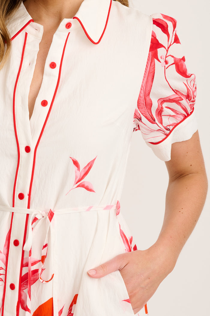 Arla Midi Shirt Dress in White with Pink and Red Leaf detail