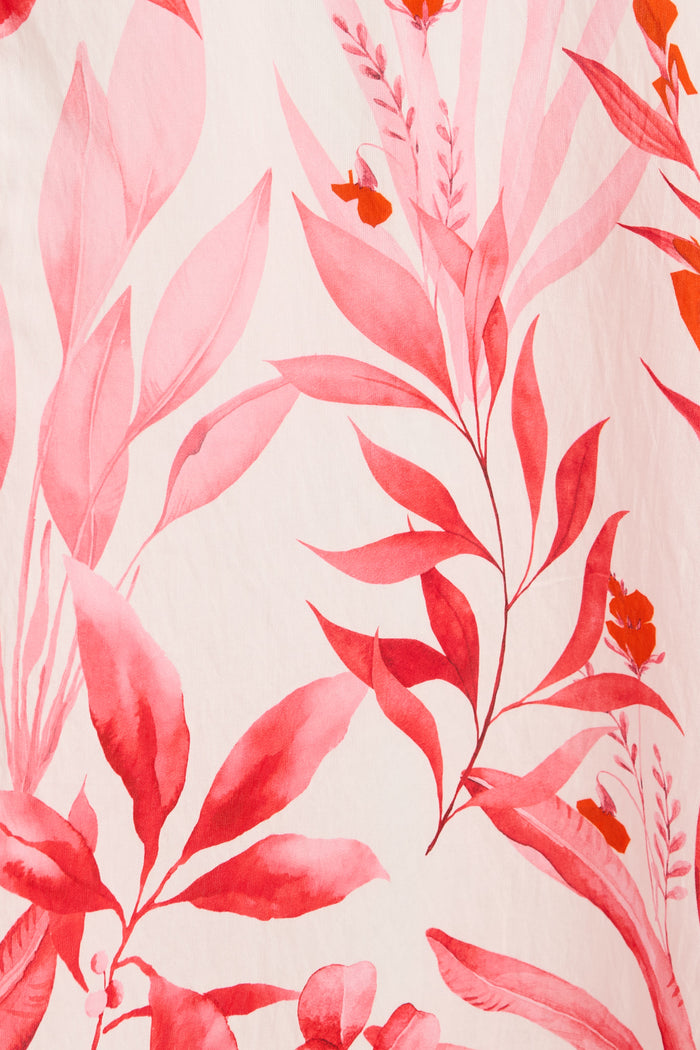 Arla Midi Shirt Dress in White with Pink and Red Leaf fabric