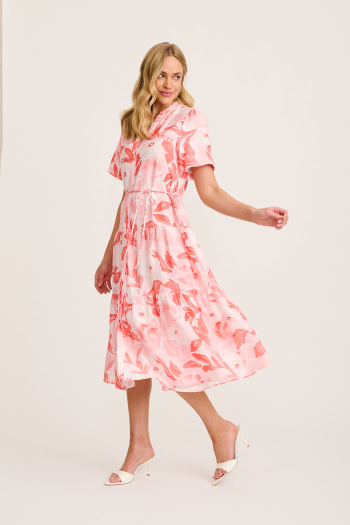 Maura Midi Dress in Multi Pink and Red Leaf Print side
