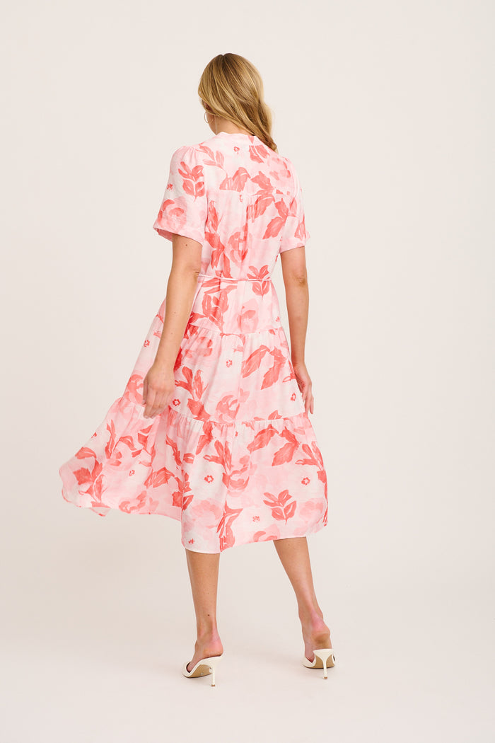 Maura Midi Dress in Multi Pink and Red Leaf Print back