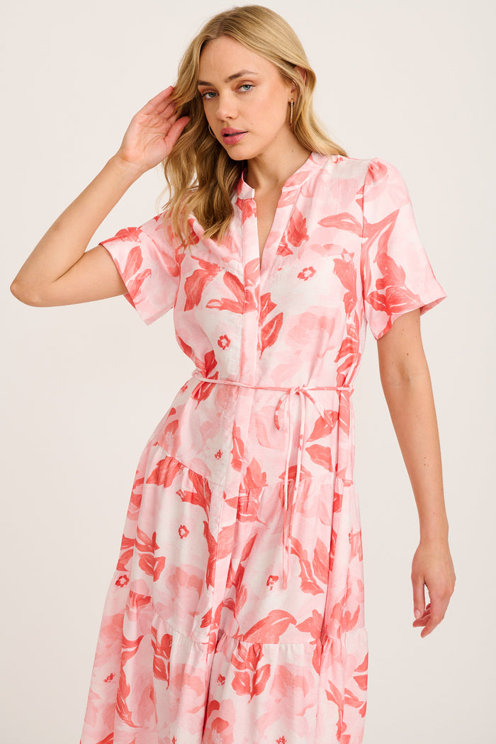 Maura Midi Dress in Multi Pink and Red Leaf Print front