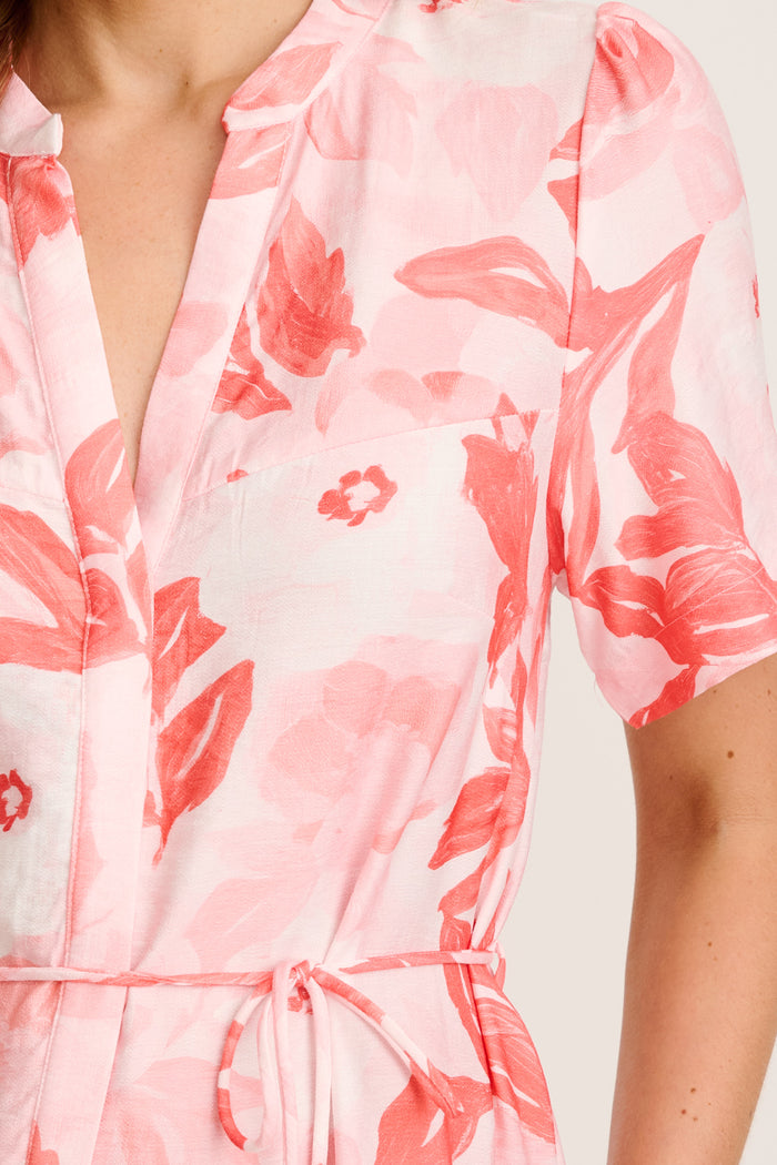 Maura Midi Dress in Multi Pink and Red Leaf Print detail