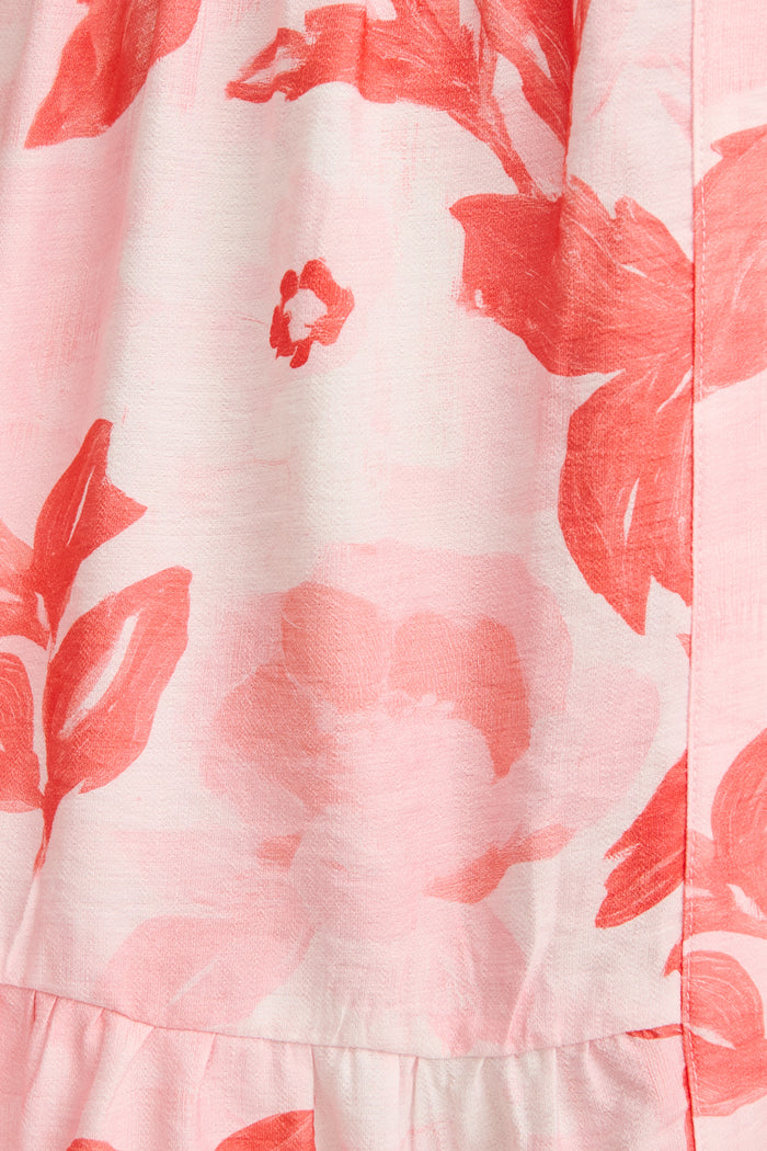 Maura Midi Dress in Multi Pink and Red Leaf Print fabric