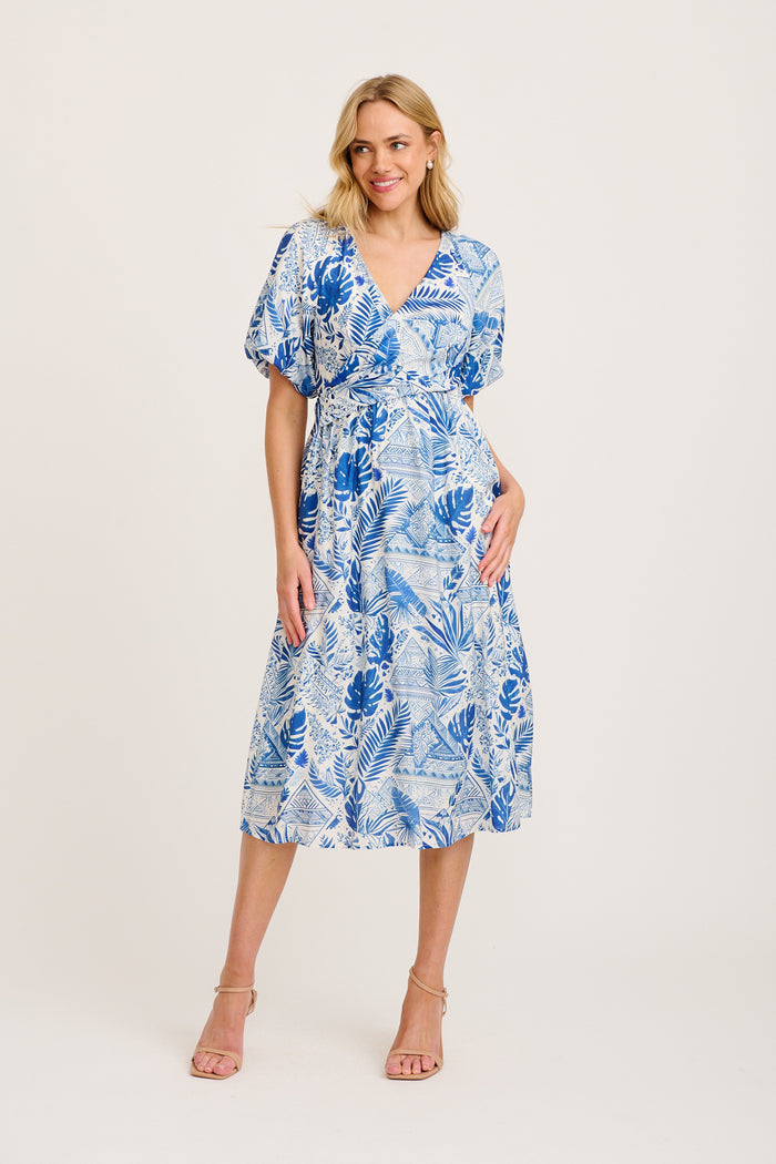Vestia Midi Dress in Blue Leaf Print full length
