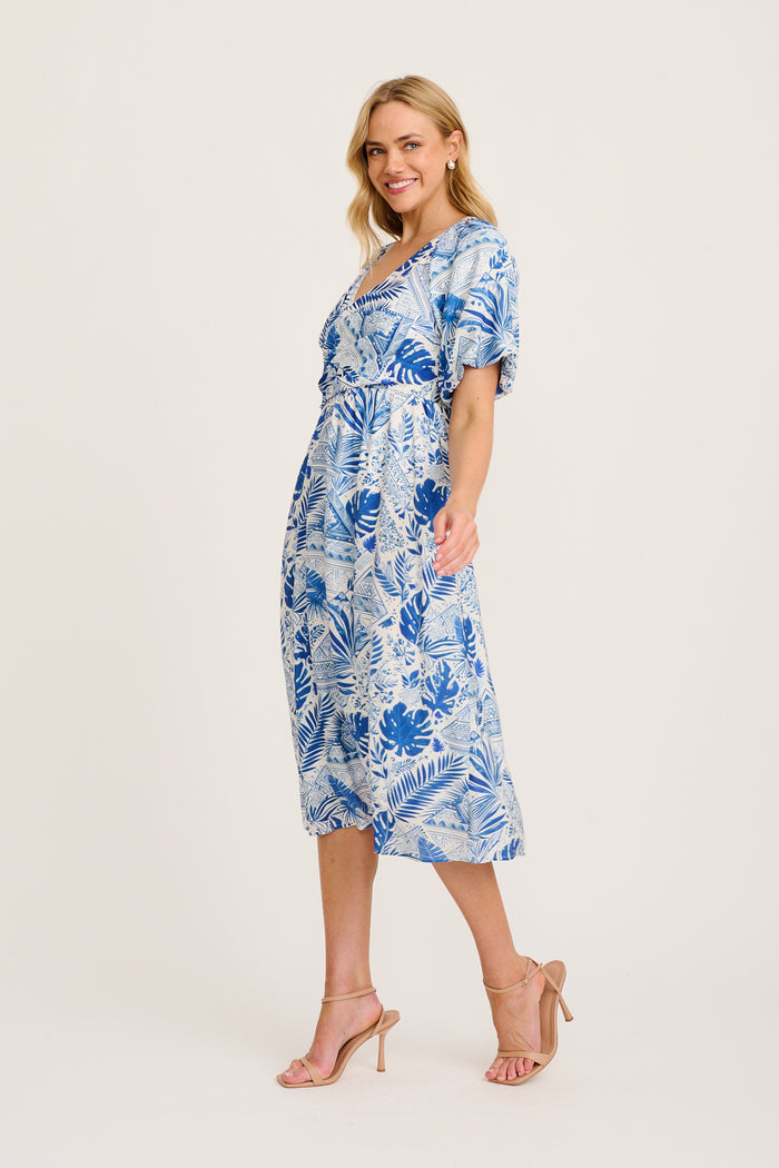 Vestia Midi Dress in Blue Leaf Print side