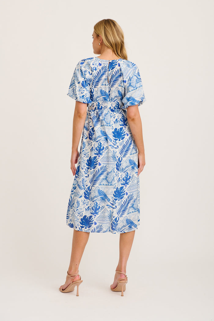 Vestia Midi Dress in Blue Leaf Print back
