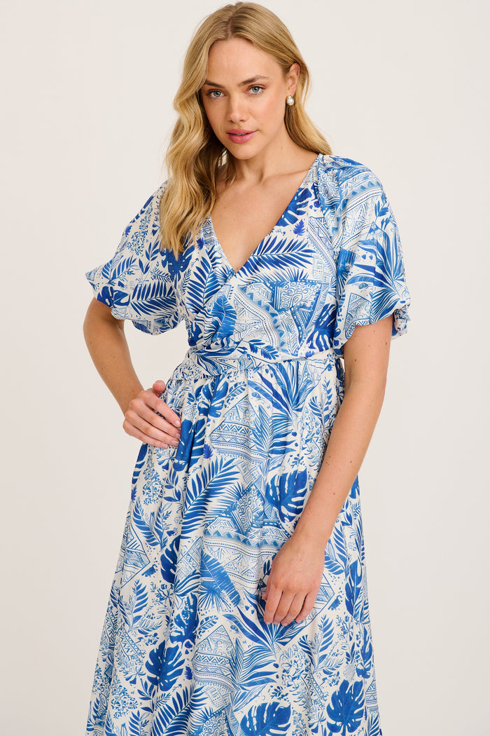 Vestia Midi Dress in Blue Leaf Print front