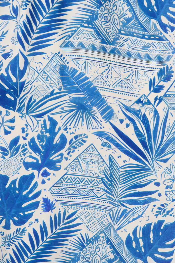 Vestia Midi Dress in Blue Leaf Print fabric