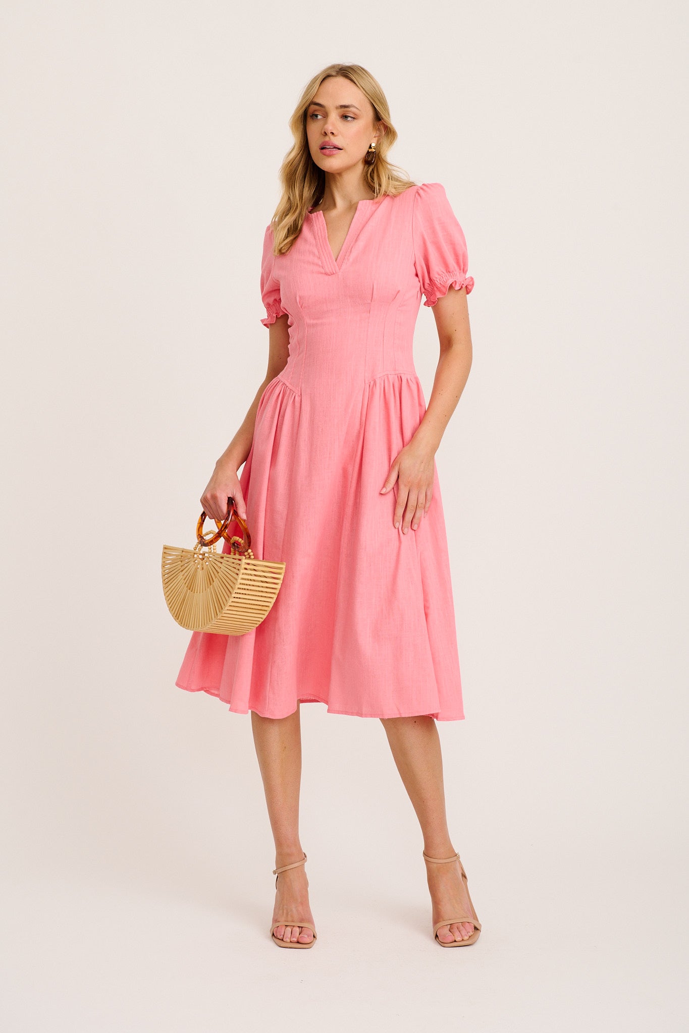 Maureen Midi Dress in Pink Cotton Linen full length