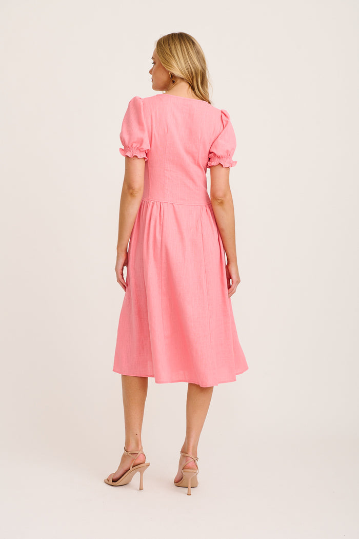 Maureen Midi Dress in Pink Cotton Linen back