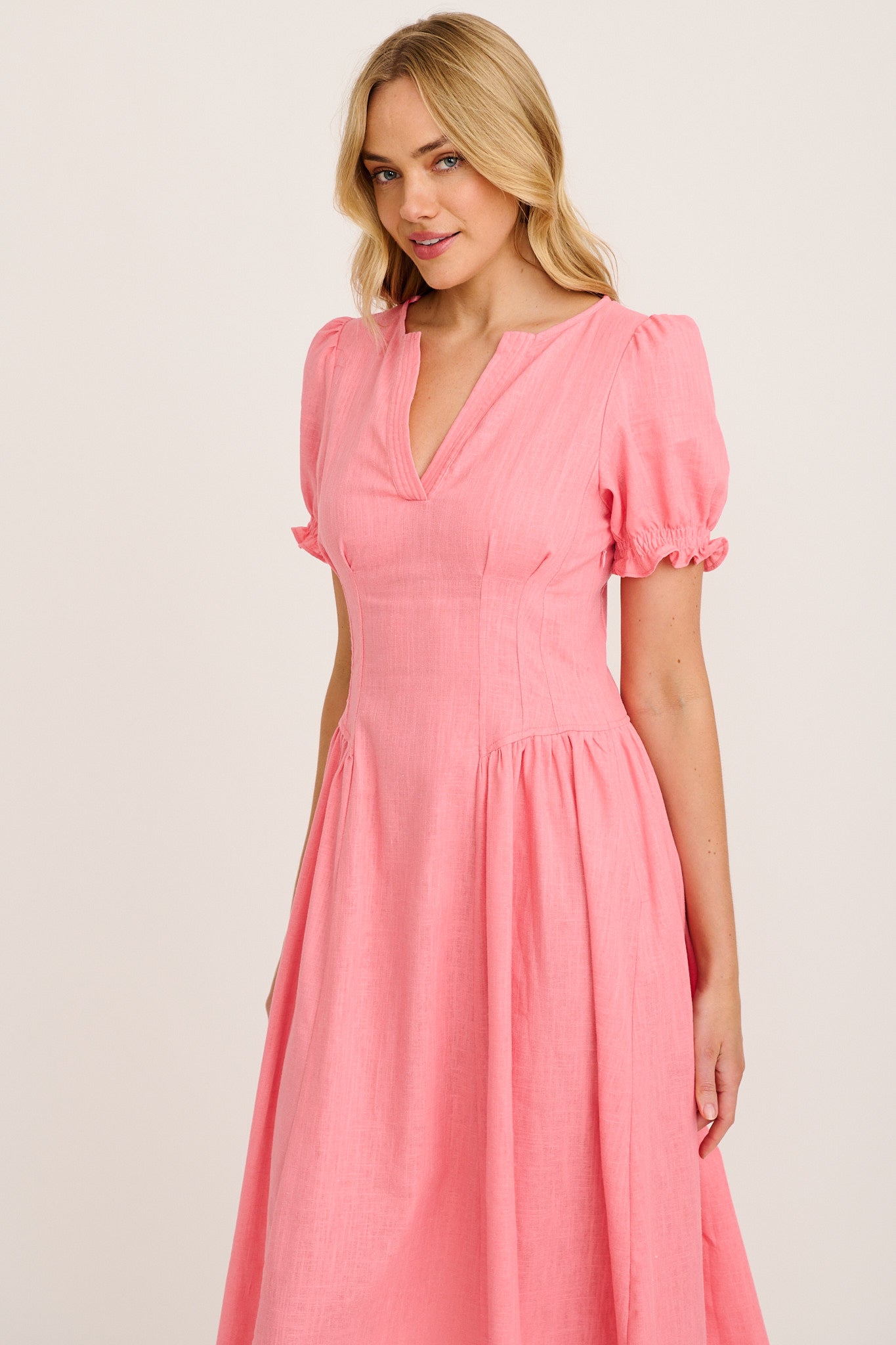Maureen Midi Dress in Pink Cotton Linen