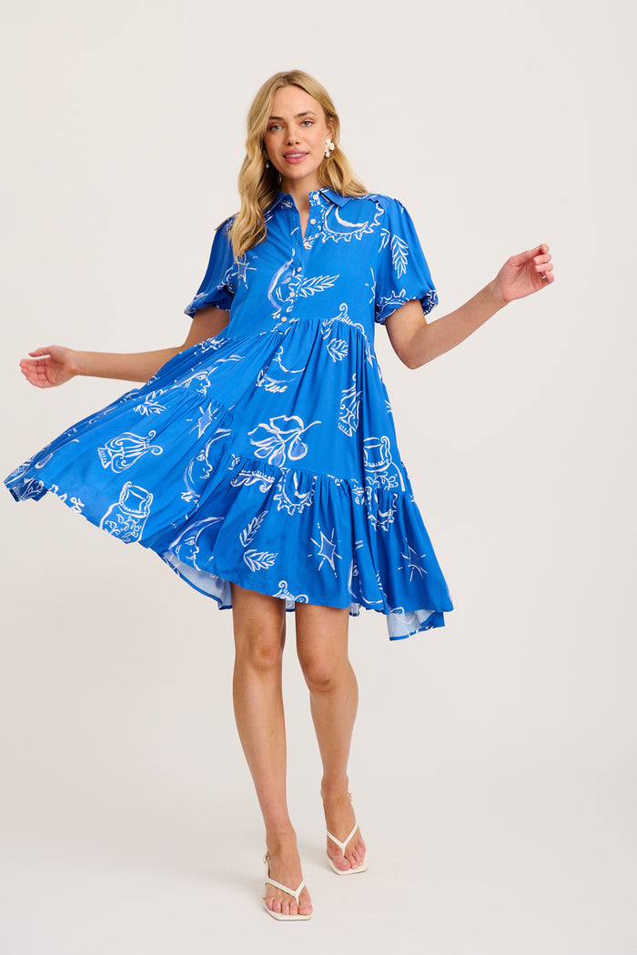 Sana Dress in Blue with White Print full length