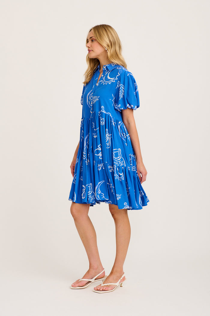 Sana Dress in Blue with White Print side
