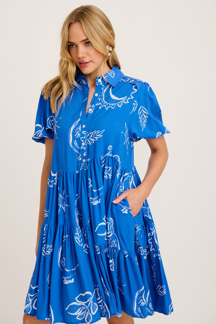 Sana Dress in Blue with White Print front