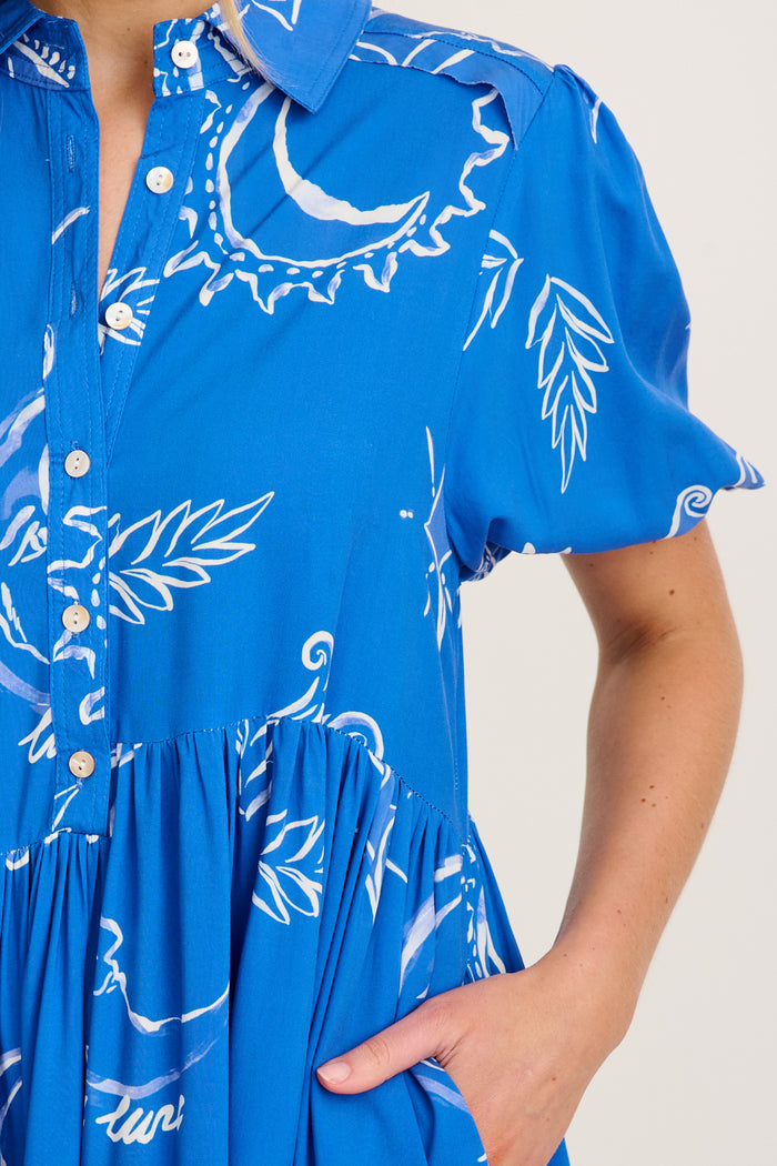 Sana Dress in Blue with White Print detail
