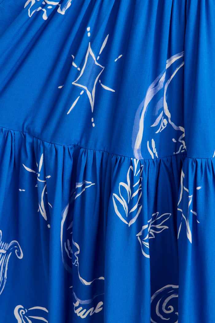 Sana Dress in Blue with White Print fabric