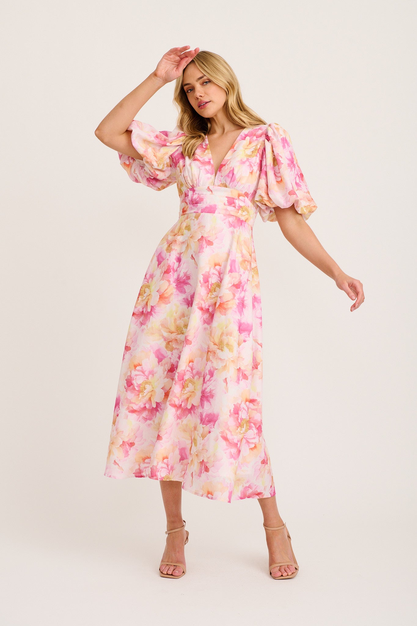 Countess Maxi Dress in Pink Floral Linen Blend full length