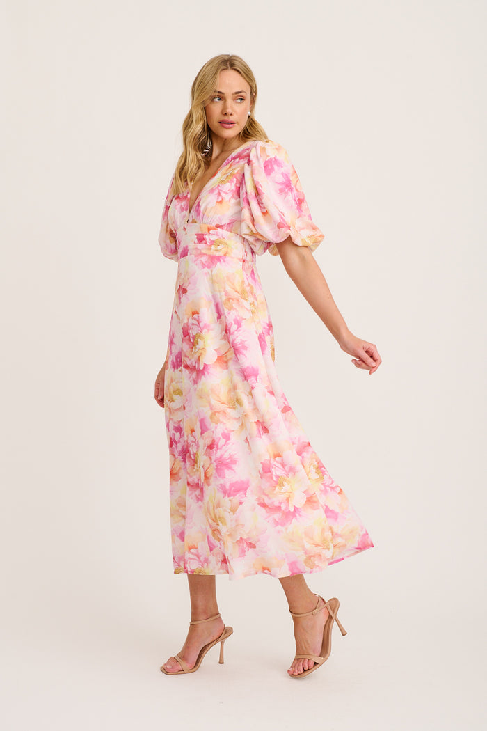 Countess Maxi Dress in Pink Floral Linen Blend side