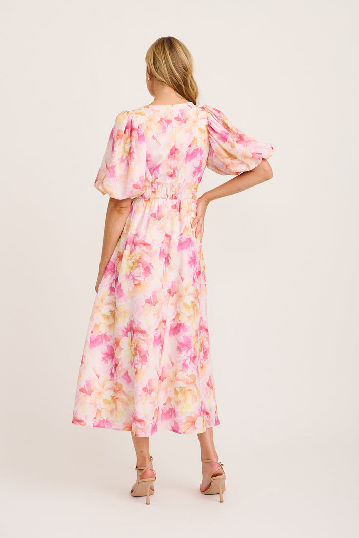 Countess Maxi Dress in Pink Floral Linen Blend back