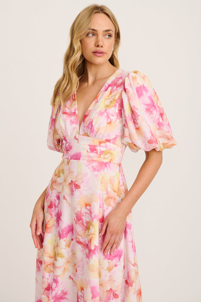 Countess Maxi Dress in Pink Floral Linen Blend front