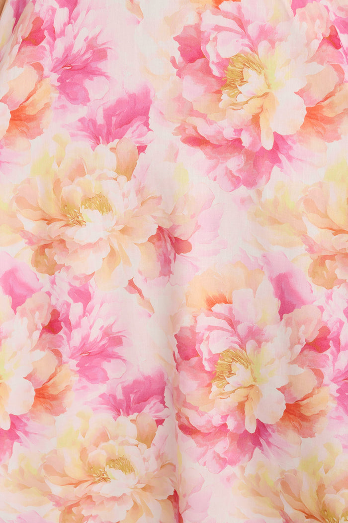 Countess Maxi Dress in Pink Floral Linen Blend fabric