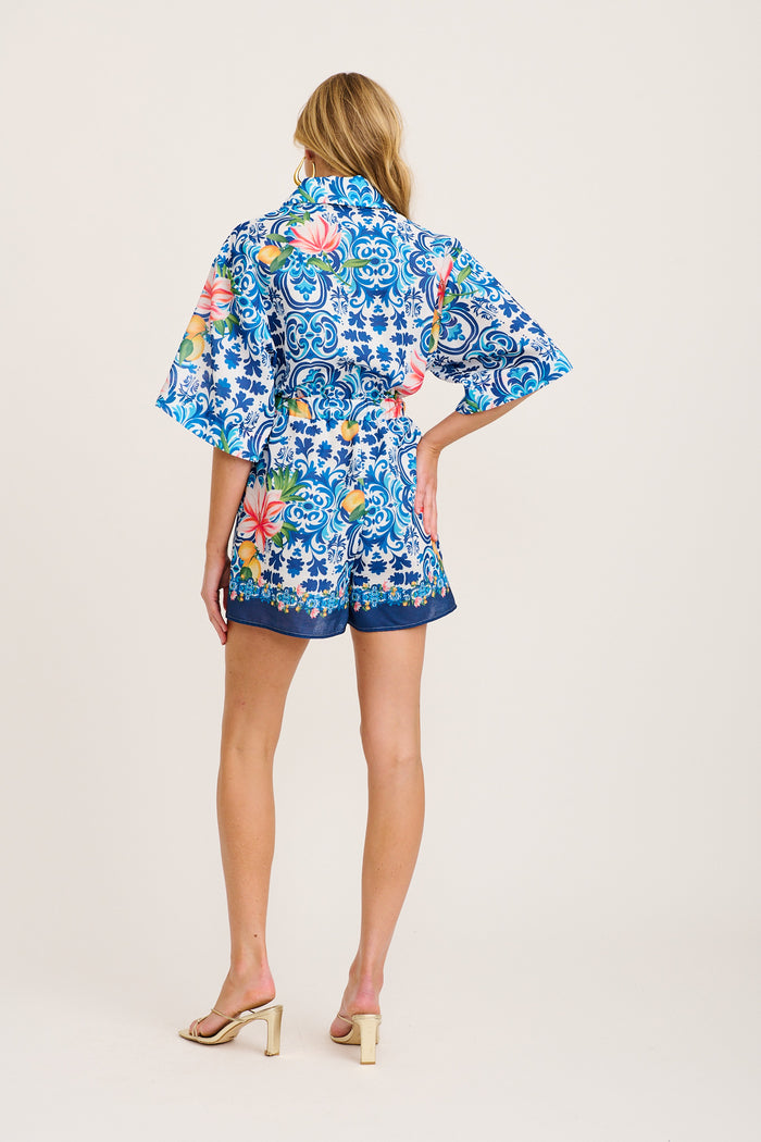 Maui Playsuit in Blue Multi Tiles Print Linen Blend back