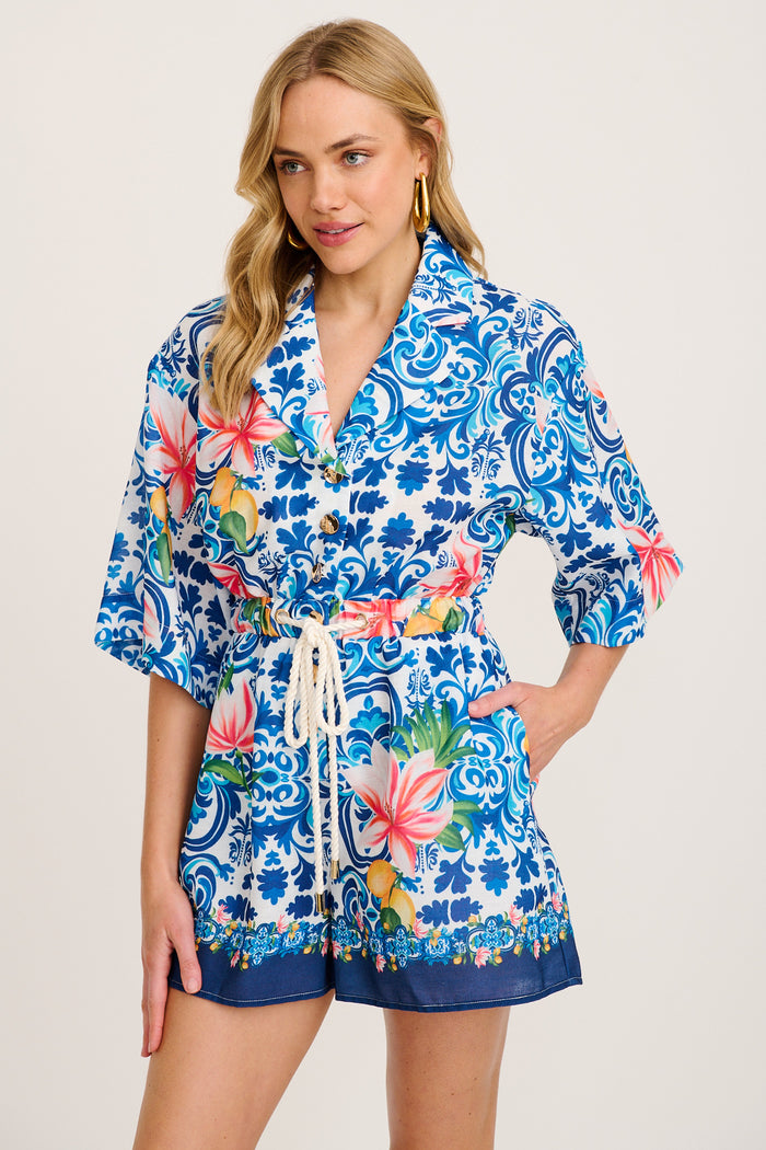 Maui Playsuit in Blue Multi Tiles Print Linen Blend front