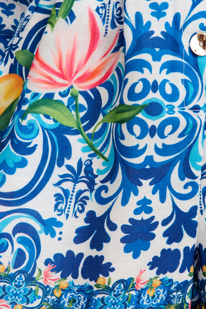 Maui Playsuit in Blue Multi Tiles Print Linen Blend fabric