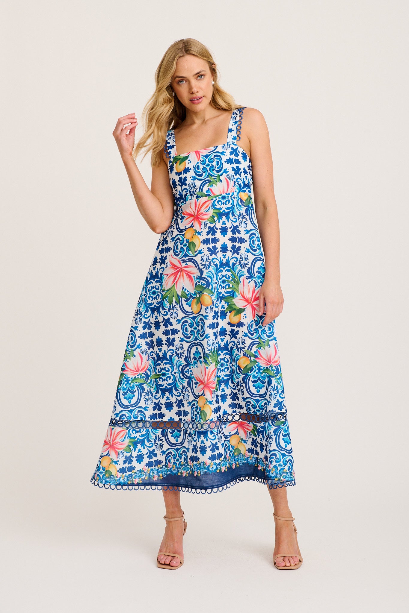 Luxe Enchant Maxi Dress in Blue Multi Tiles Print Linen Blend full length