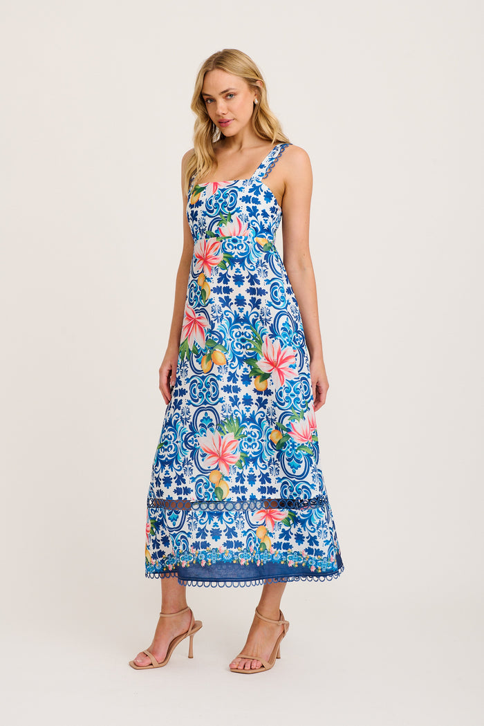 Luxe Enchant Maxi Dress in Blue Multi Tiles Print Linen Blend side