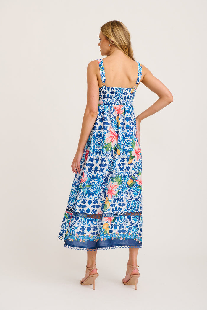 Luxe Enchant Maxi Dress in Blue Multi Tiles Print Linen Blend back