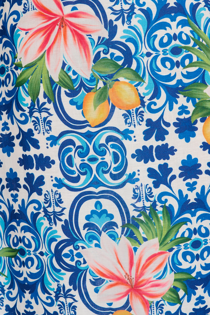 Luxe Enchant Maxi Dress in Blue Multi Tiles Print Linen Blend fabric