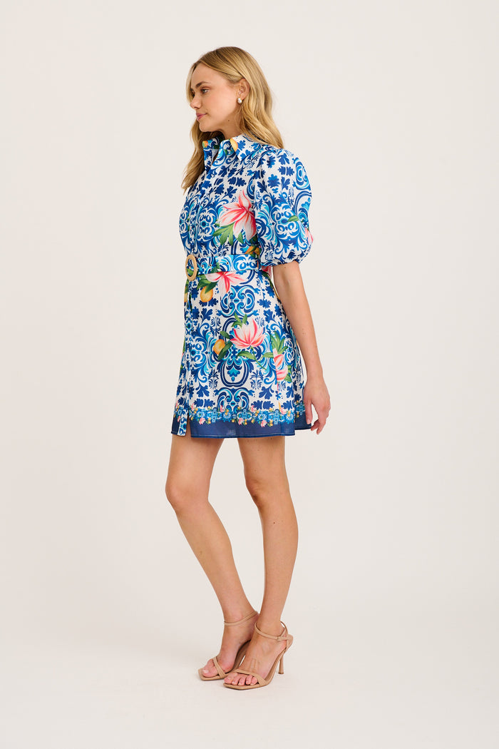 Casa Rose Shirt Dress in Blue Multi Tiles Print Linen Blend side