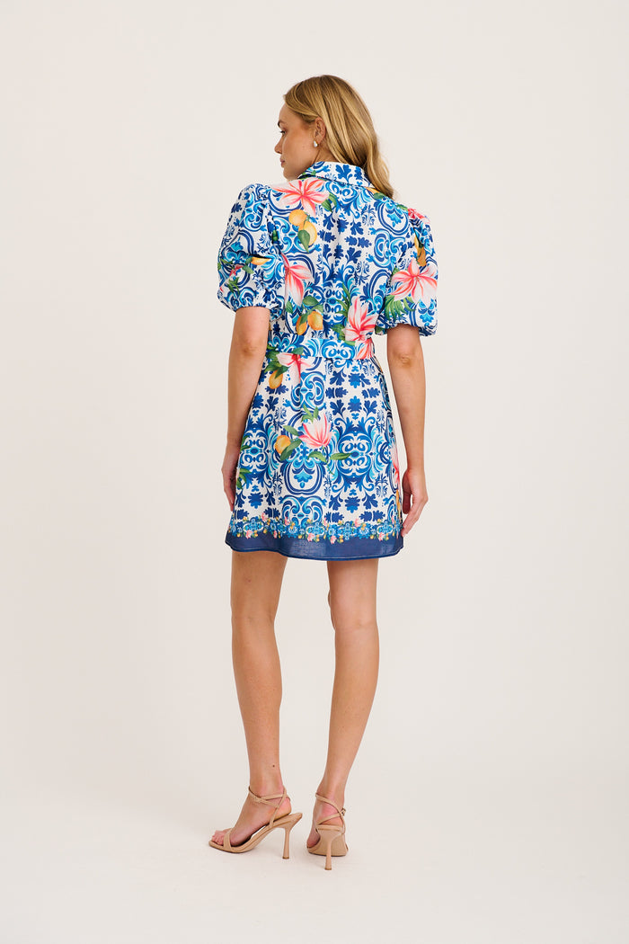 Casa Rose Shirt Dress in Blue Multi Tiles Print Linen Blend back