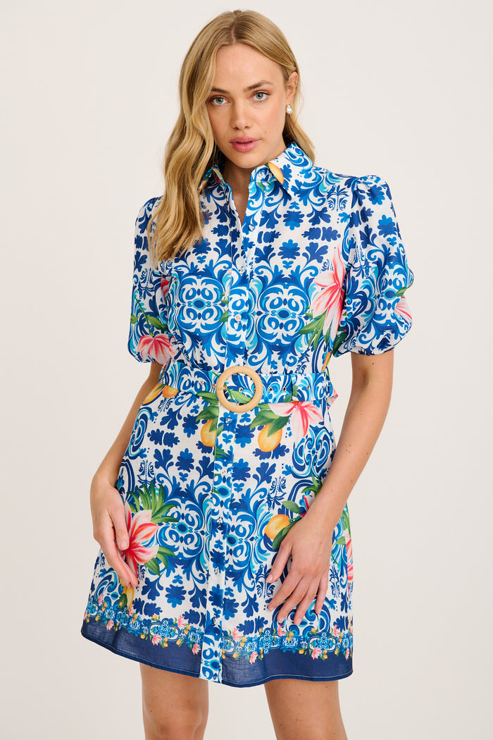 Casa Rose Shirt Dress in Blue Multi Tiles Print Linen Blend front