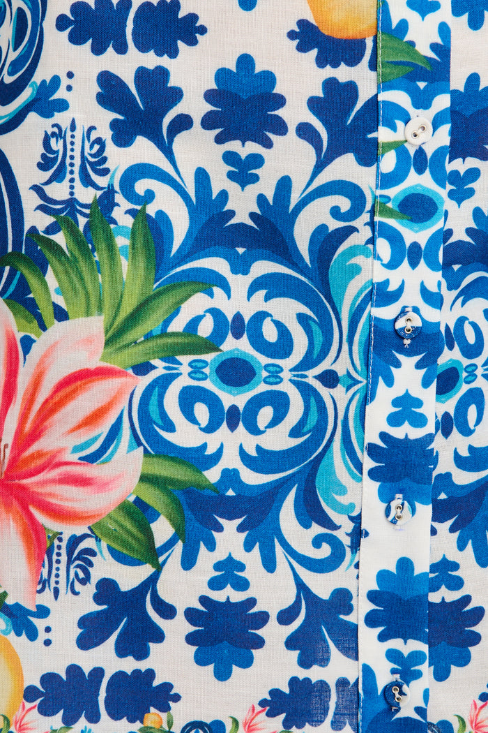 Casa Rose Shirt Dress in Blue Multi Tiles Print Linen Blend fabric